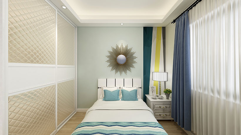 次卧的墙面选用高级灰蓝色纯色墙板，吊顶设计亦是及其选用简约的白色墙板搭配，让整个空间干净且温馨。